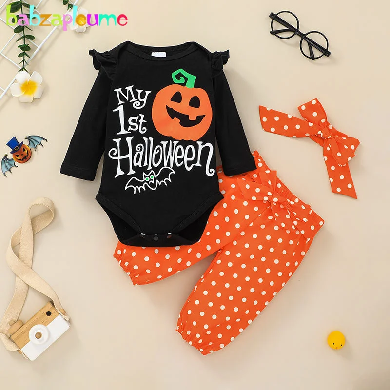 

babzapleume Fall Newborn Halloween Costume For Kids Clothes Pumpkin Print Bodysuit+Dot Pants+Headband Baby Girl Clothing Set 039