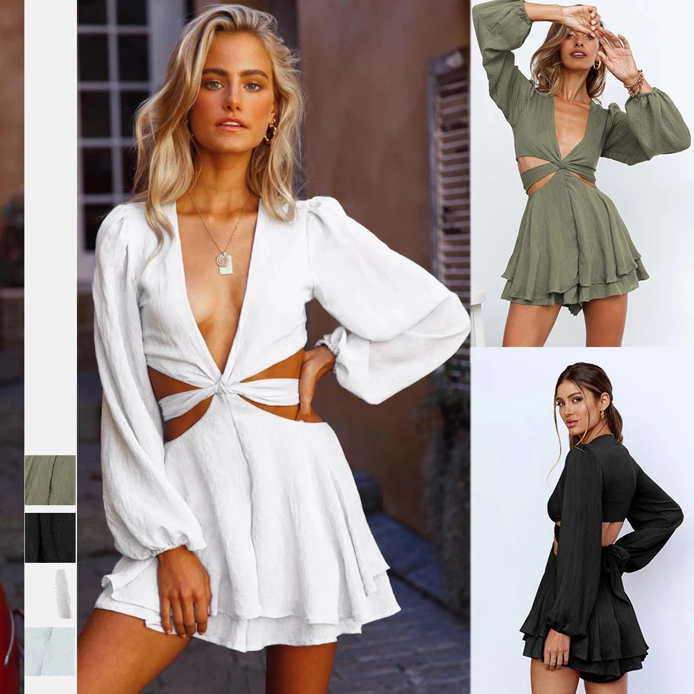 

Egood Hot Style Women's Fashion New Products Street Solid Color Women's Hollow Sexy Deep V-neck Lantern Sleeve Jumpsuit