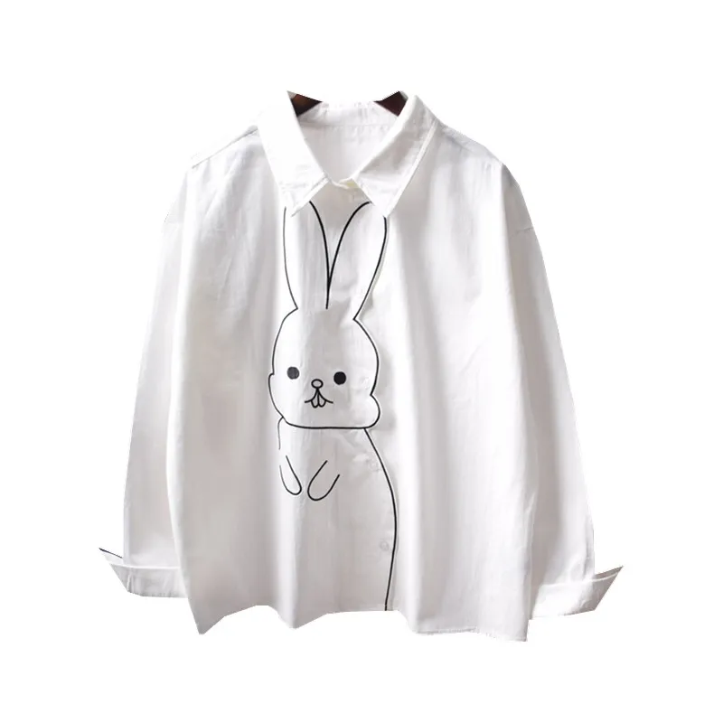 

2020 New Autumn Women Preppy Style Cute White Rabbit Embroidery Loose Cotton Long Sleeve Turndown Collar Shirt Women