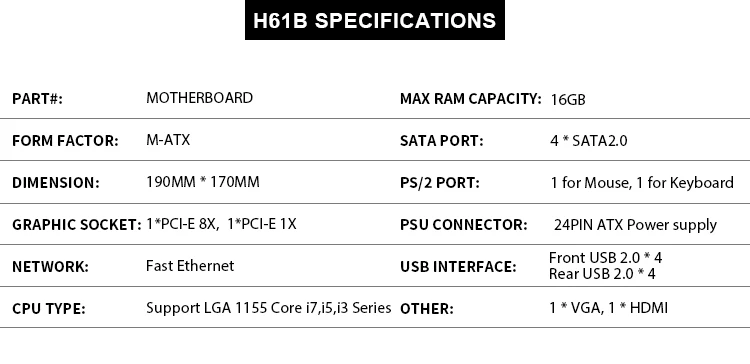 Новая материнская плата computier H61 LGA1155 для i7 i5 i3, поддержка процессора ddr3 ram
