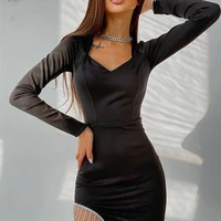 chic diamond tassel dress women elegant mini club v neck sexy bodycon corset dress autumn 2022 long sleeve party black dress