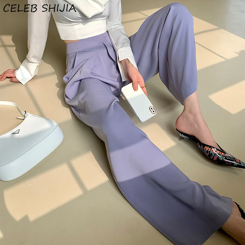 Фиолетовые шикарные брюки с широкими штанинами женские прямые высокой талией в