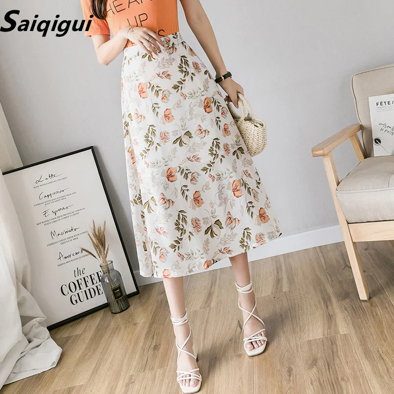 Женская шифоновая юбка миди с высокой талией винтажная длинная цветочным