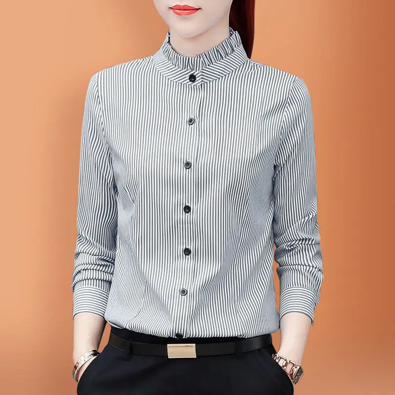 Новинка осени 2020 женские корейские полосатые офисные блузки с вышивкой длинным