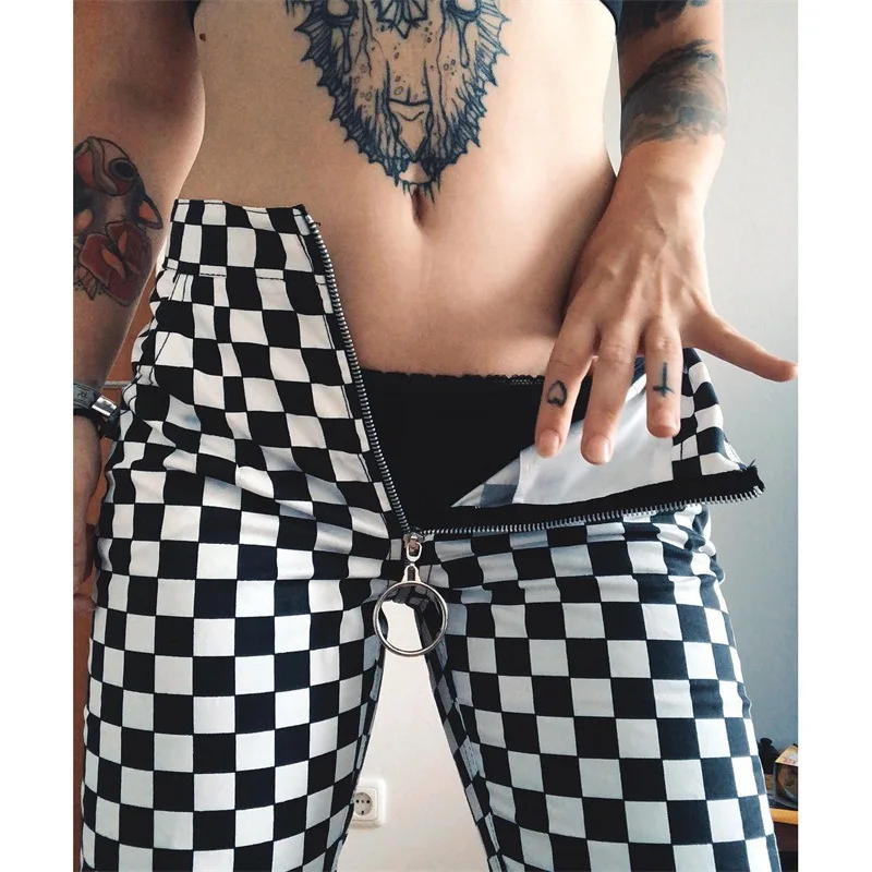 

Black White Plaid Pants Personality Zipper Tights Slimming Casual Long Pants Women's 2021 Summer Goth Punk Style Streetwear