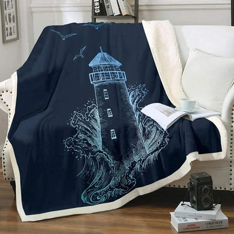

Nautical Lighthouse Fleece Blanket, Sea Wave Splash Spray Flying Birds Ocean Navigation Theme Hand Drawn Flannel Blanket