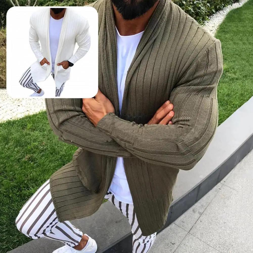 

Pockets Trendy Lapel Men Sweater Knitted Winter Sweater Long for School
