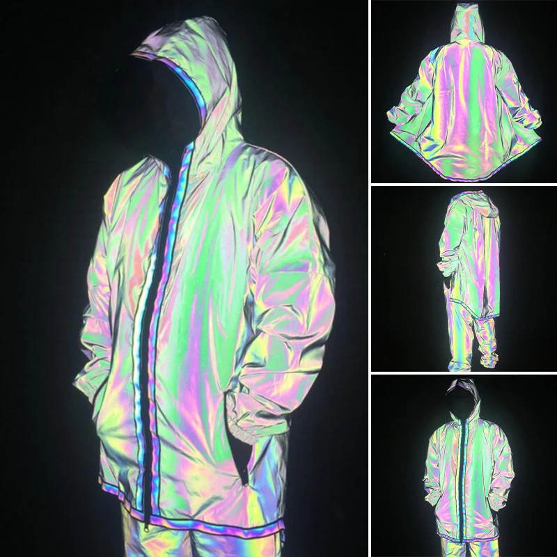 

Rainbow Reflective Clothes Outdoor Leisure Reflective Jacket Double Pocket Poncho Jacket HANW88