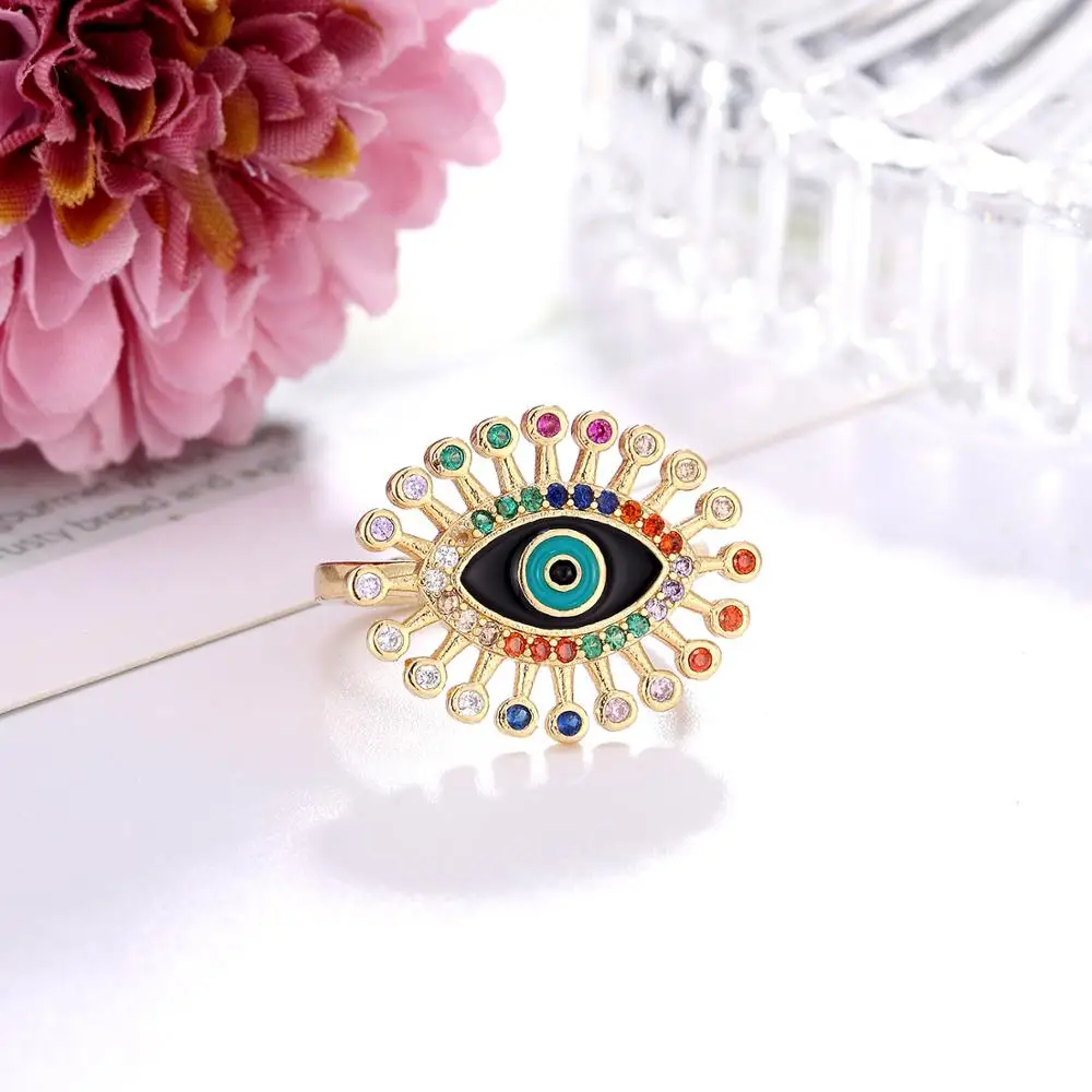 Модное открытое эмалированное Золотое кольцо с короной и паве сглаза на удачу