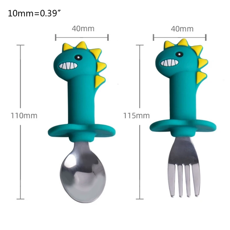 

2Pcs/Set Detachable Baby Stainless Steel Spoon Fork Set Cartoon Silicone Teether