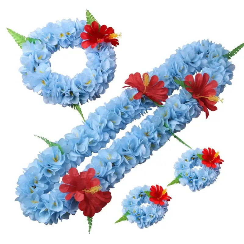 

Kids Adults Hawaiian Flower Leis Necklace Set Tropical Artificial Hibiscus Floral Wreaths Headband Wristband Luau Party Decor