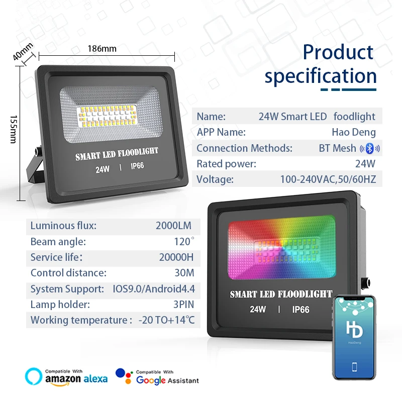 Умный светодиодный прожектор 24 Вт с Bluetooth и приложением для группового