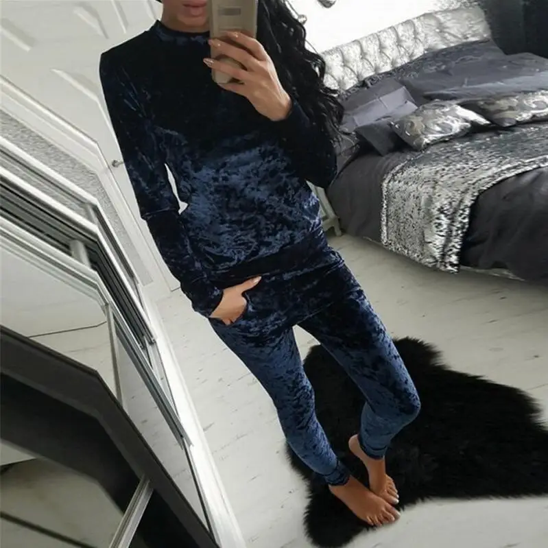 dark blue 3XL 7 цветов Бархатный спортивный костюм женский костюм Бархатный комплект топ с длинными рукавами+ брюки велюровый спортивный костюм наборы для женский спортивный костюм - Цвет: dark blue