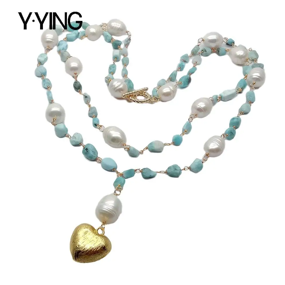 Y · YING Blue Larimars белый рис пресноводный жемчуг массивное ожерелье сердце матовый