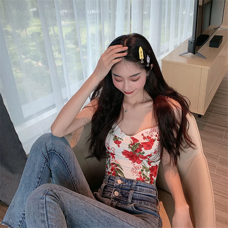 

Retro floral camisole feminine outer wear short printed tight-fitting hyuna style sleeveless top