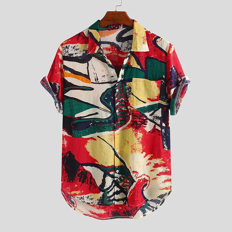 

Fashion Printeotton Linen Shirt Mens Casual Short Sleeve Embroidery Tops Male Vintage Premium c