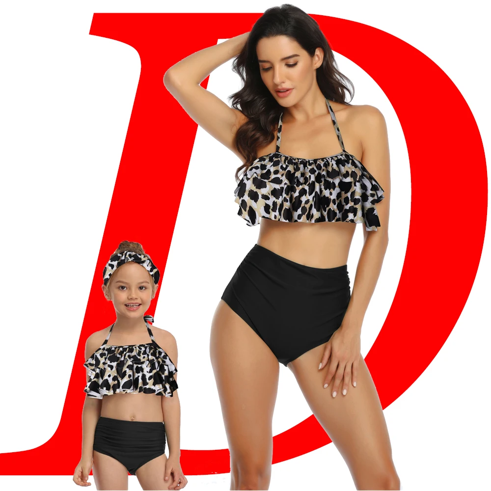 

Women's Swimsuit Mom and Daughter Leopard Print Ruffle Bikini Set Family Matching Swimwear Women Tube Top The Parent-child Attir