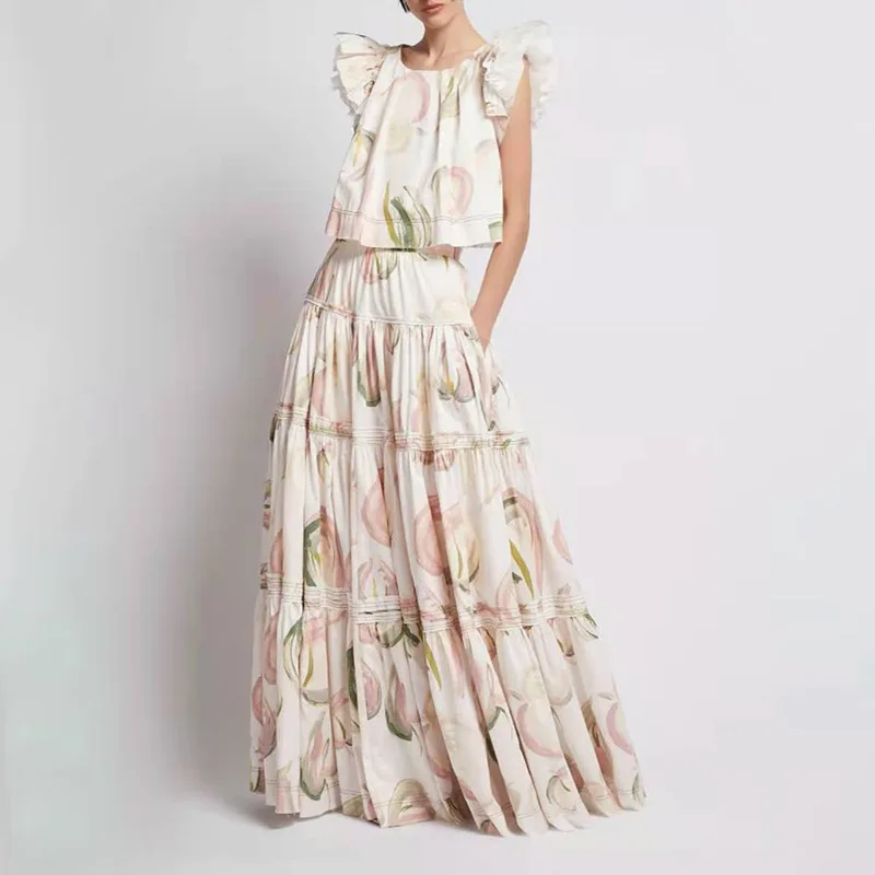 

Two Piece Set Women Crop Top Floral Print+High Waist Tiered Maxi Skirt
