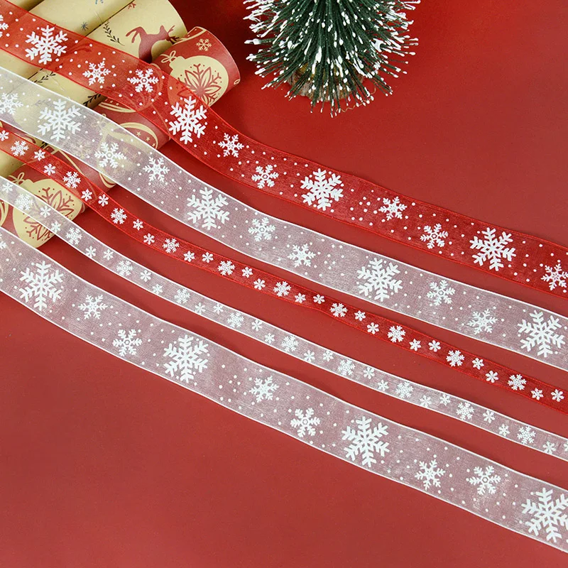 

5Meters 10/25mm Snowflake Organza Ribbon Christmas Gift Wrapping Ribbons New Year Party DIY Handmade Bowknot Craft Decor Supplie