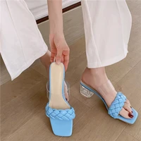 transparent clear heels woven thick heel transparent slippers sandals leather sheepskin insole beach slides nude shoes size 42