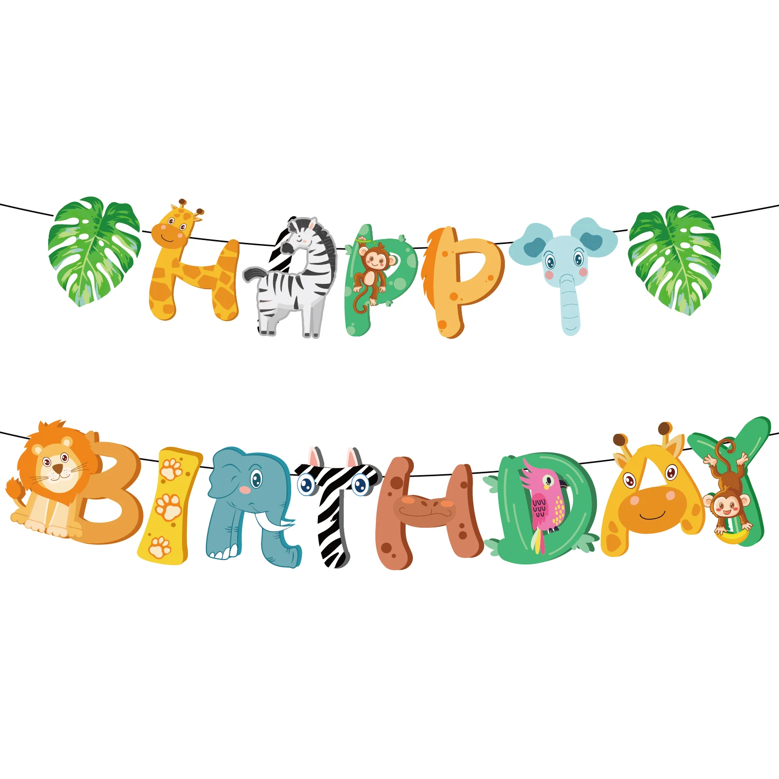 

BA270 Cartoon Jungle Animals Theme Design Happy Birthday Banner Lion Tiger Zabra Elephant Banners for Kids Wild One Party Banner