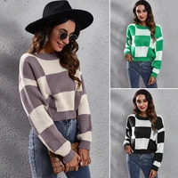 autumn winter new ladies o neck plaid knitwear womens loose casual pullover sweater female long sleeve fashion short top 2021