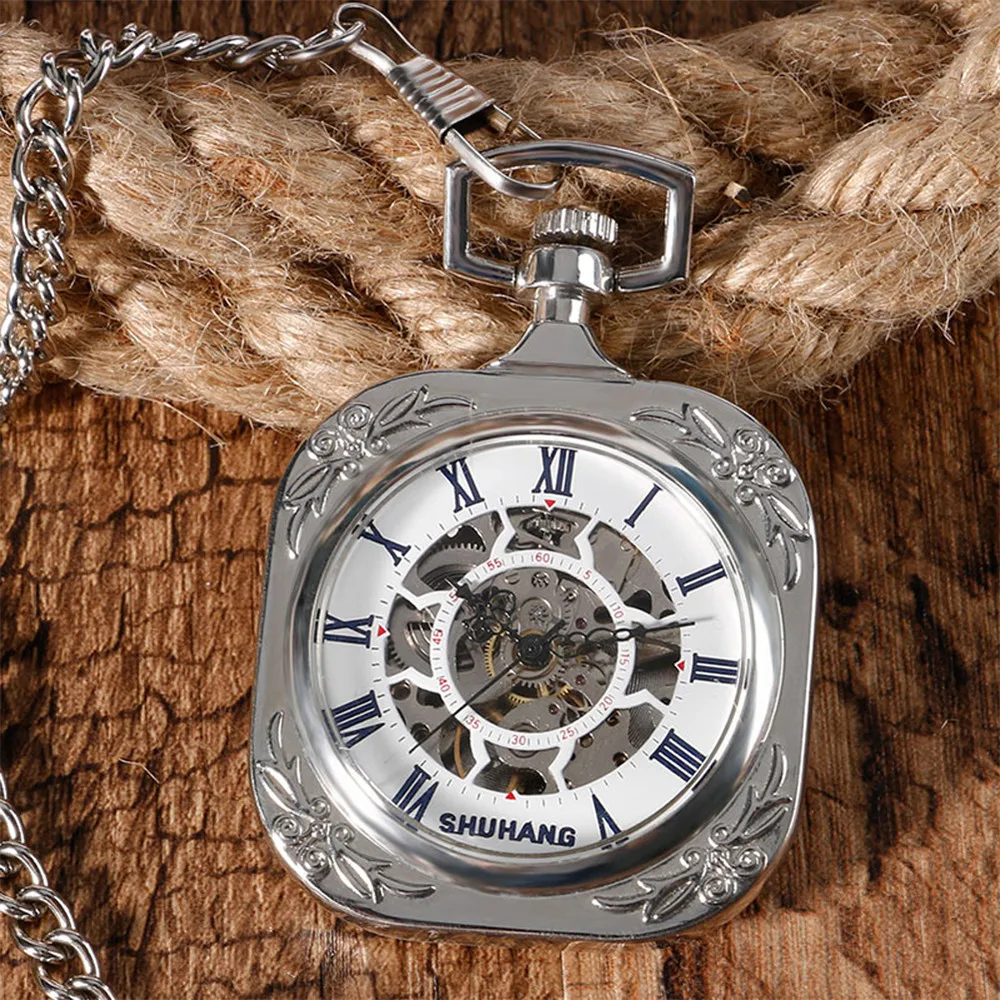 Exquisite Open Face Square Pendant Hand Winding Mechanical Pocket Watch Roman Numerals Display Manual Mechanism Pocket Clock
