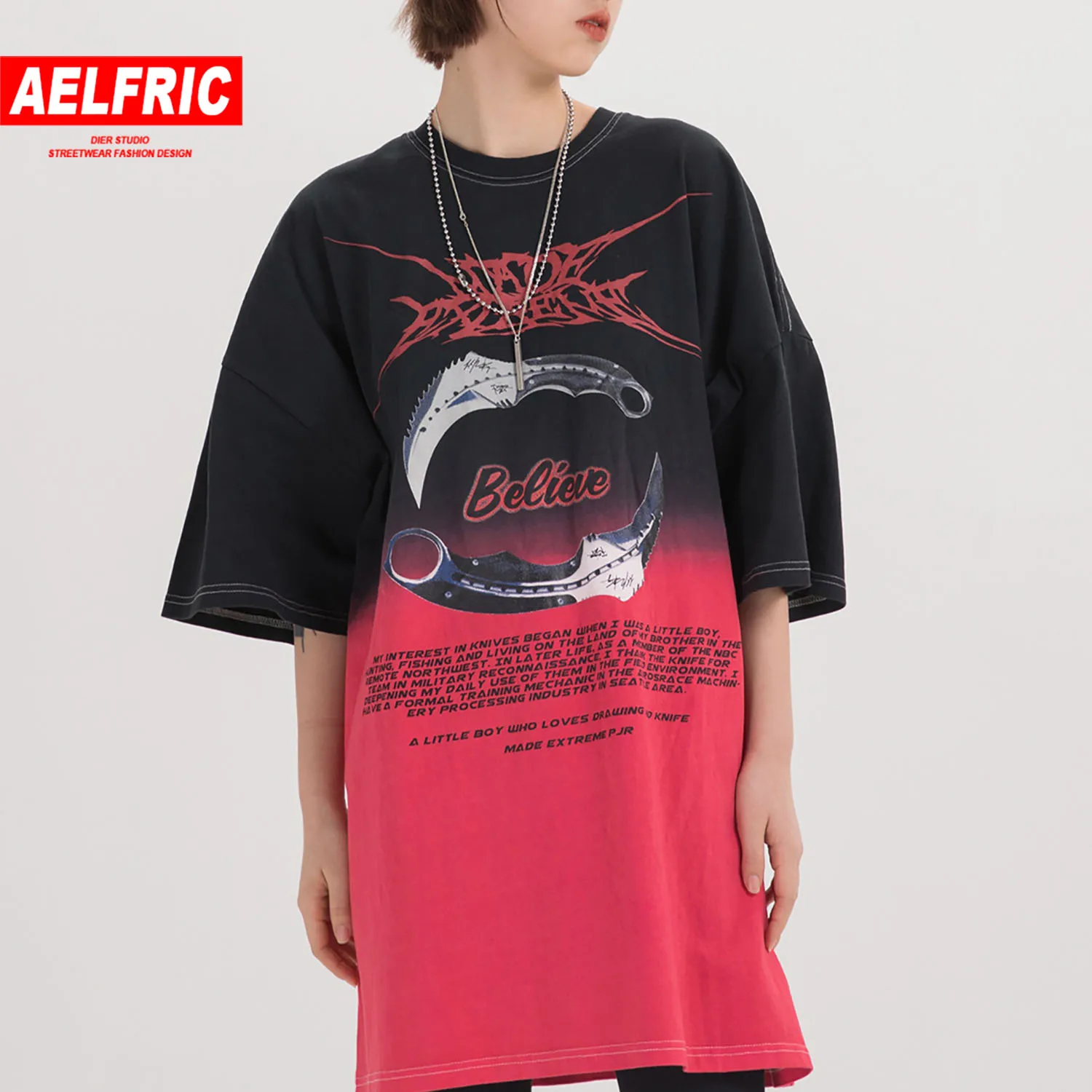 Aelfric Gradient Double Knife Printed T Shirt Women 2020 Loose Tops Harajuku Fashion Streetwear Casual Cotton Female Half Sleeve | Женская