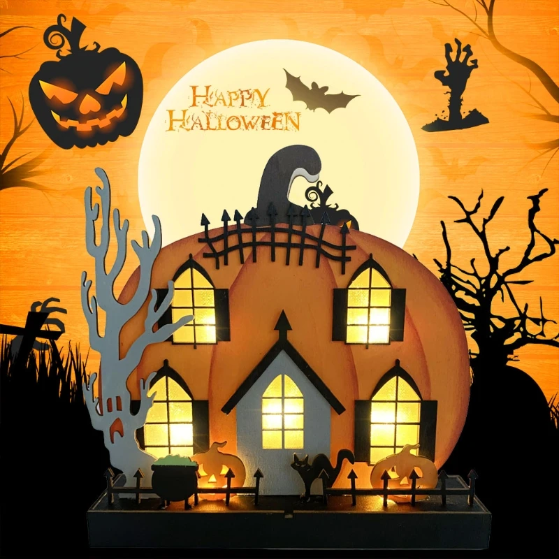

Q0KF Halloween Table Decorations Wooden Pumpkin Castle Table Centerpieces Sign with LED Light for Harvest Thanksgiving
