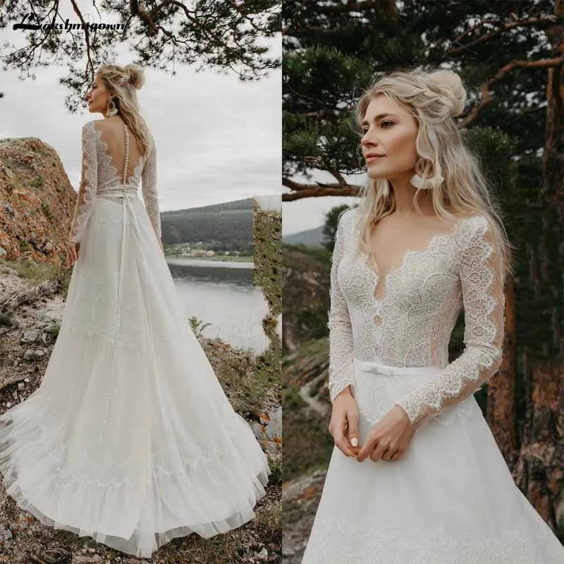 picture color Богемное свадебное платье кружевное платье с аппликацией и длинным рукавом полупрозрачная V образным вырезом Vestido De Noiva Плюс Размеры пляжные Boho свадебный наряд, свадебное платье - Цвет: picture color