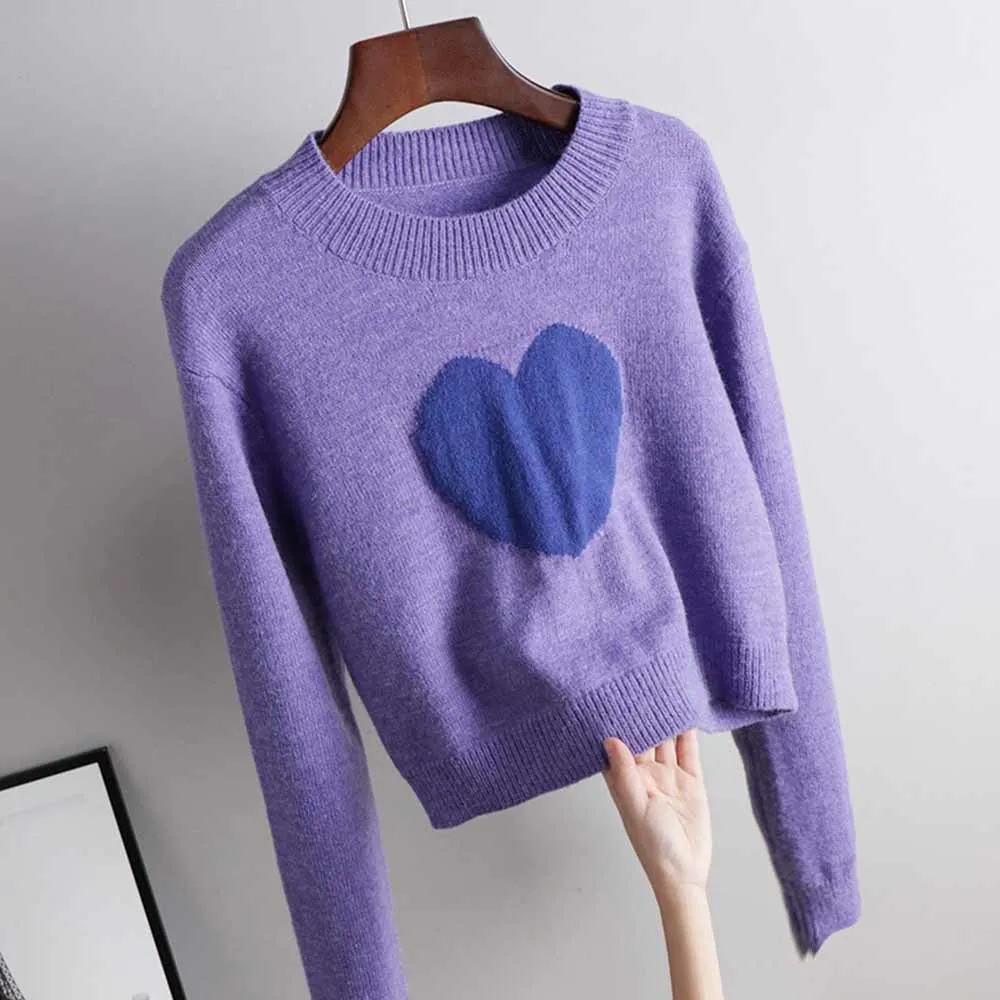 

Корейский трикотажный пуловер с фиолетовым сердечком, Новое поступление осень-зима 2021, короткий свитер, женские топы