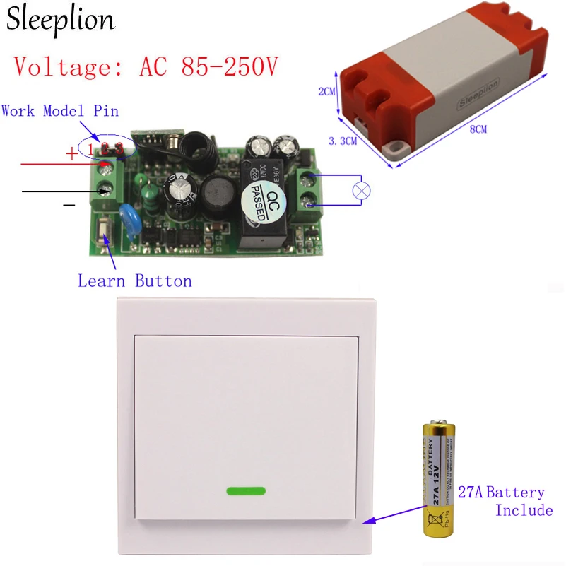 

Sleeplion 220V 10A 1CH Wall Wireless Switch Rf transmitter 433MHz/315MHz Remote Controls 85-250V Wireless Switch Modules