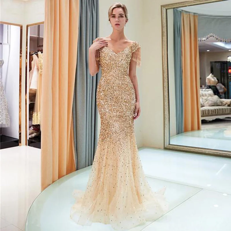 

TULX 2021 luxurywomen's square neck banquet dress high-end sexy tassel golden temperament elegant slim banquet dress