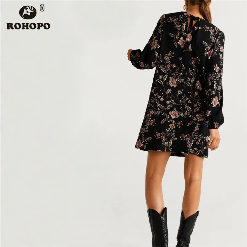 ROHOPO/Черное мини-платье с v-образным вырезом и бантом на спине Осеннее/зимнее
