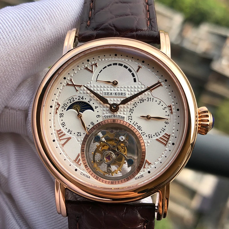 

Tourbillion Watch Classics Clock Sugess Seagull Movement 8007 Gold Case 5ATM Waterproof Power Reserve Date Moon Phase Automatic