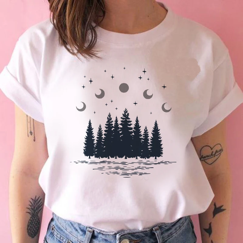 

Harajuku New T shirt Dark forest Print letter universe faith T shirt Women Tshirt O neck Short Sleeve White Tops