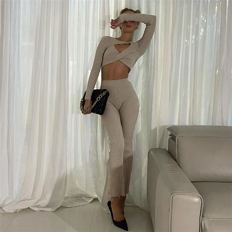 

Knit Casual Two Piece Sets O-Neck Hollow Out Crop Top With High Waist Straight Pants Suit Long Sleeve Fashion Office Lady Autumn