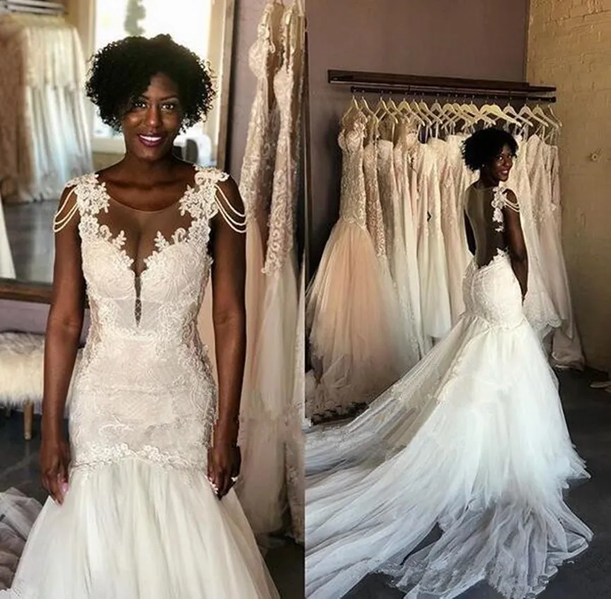 African Nigerian Plus Size Black Girl mermaid Wedding Dresses lace Appliques Tiered Sweep Train White Tulle sexy Bridal Gowns | Свадьбы и