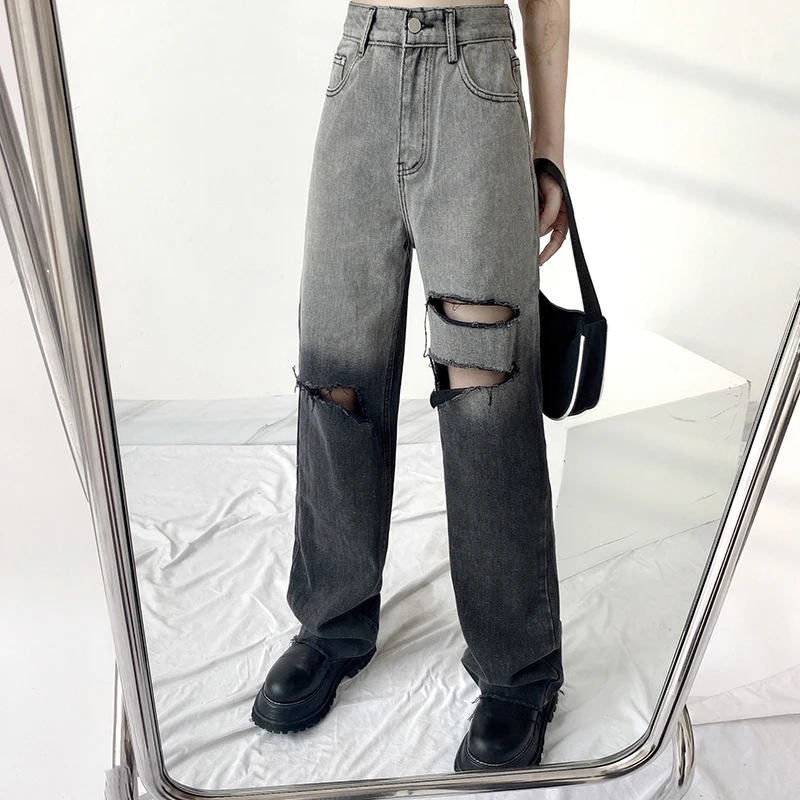 

Retro Tie Dye Hollow Out Holes Jeans Women High Waist Baggy Straight Denim Long Pants Summer Harajuku Casual Streetwear