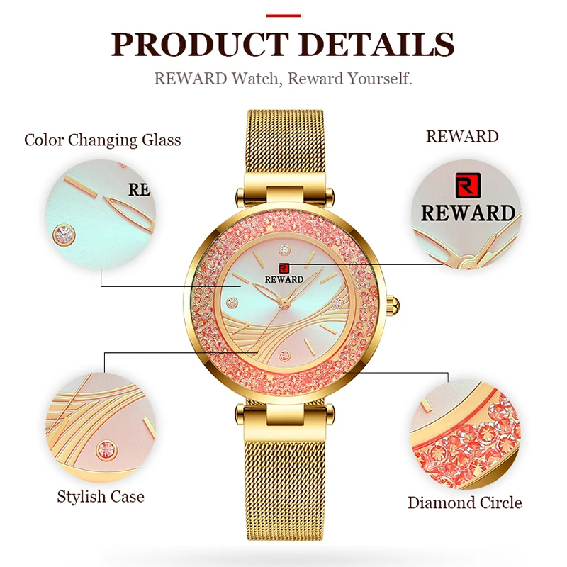 

Luxury Gold Women's Watches 2021 Japen Quartz Movement Diamond Crystal Ladies Watch for Lover Color Changing Glass Wristwatch