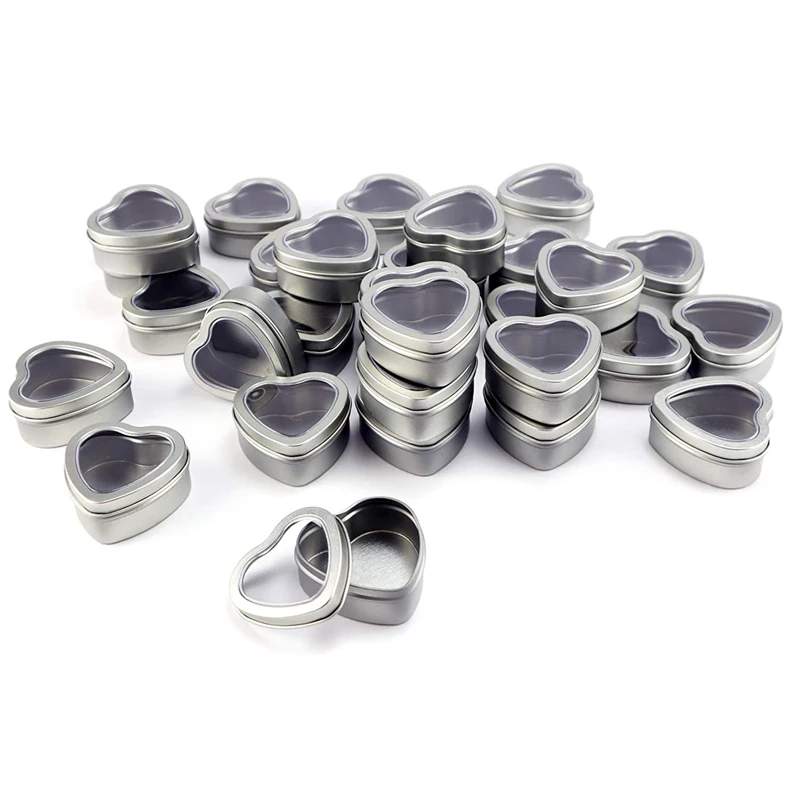 

30Pcs Heart Metal Tins,Empty Heart Shaped Silver Metal Tins with Clear Window for Candle Making, Candies