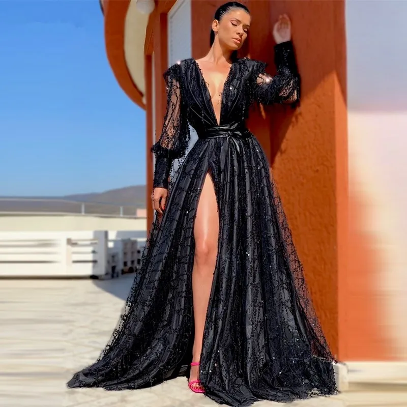 

Sexy Black Deep V-Neck Prom Dresses 2022 A-line Long Sleeves Side Spilt Evening Gowns Floor Length Plus Size Formal Gowns Robe