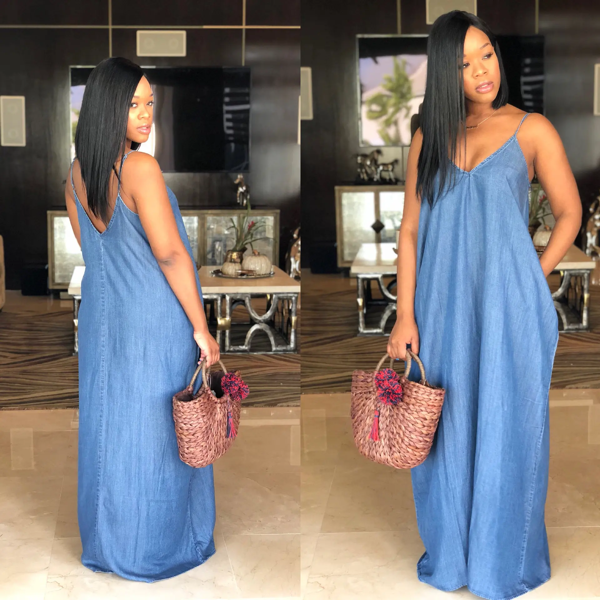 

Ursuper New Dress Stylish V Neck Maxi Denim Dress Summer Women 2021