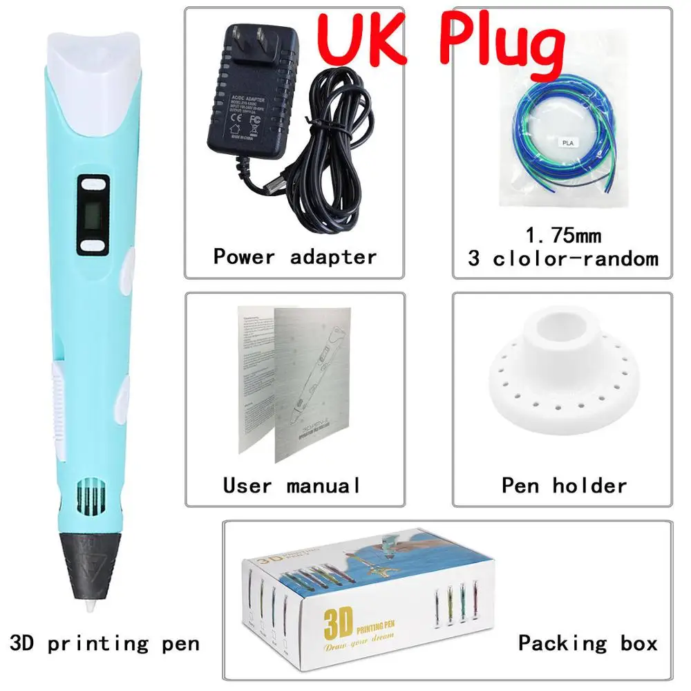 Blue UK EU/UK/US/AU Plug 3D Ручка для печати 1,75 мм PLA/ABS умные 3D ручки для рисования детские игрушки для рисования Детские Картины Сделай Сам ручка подарки - Цвет: Blue UK