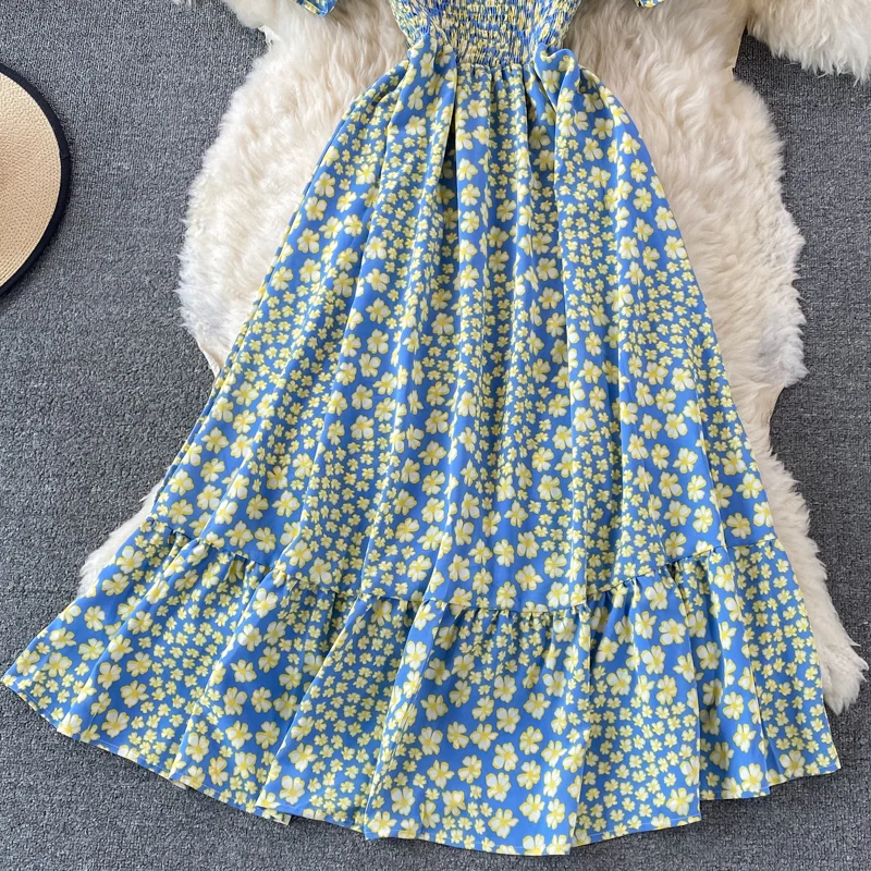 

Korean Floral Dress Women Sweet Puff Sleeve Square Collar Ruched A-line Dresses Summer Boho Print Ruffle Holiday Dress