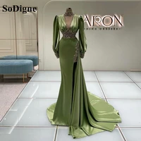 sodigne arabic meramid long party dress lace appliques long sleeves side slit prom dresses evening gowns vestidos de festa