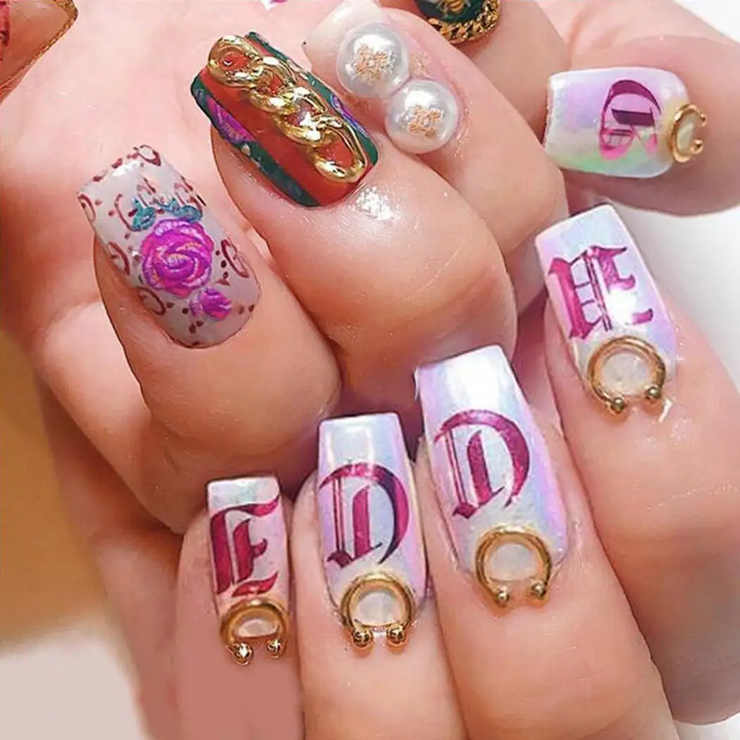 Женская мода Ретро Фольга для ногтей переводная буква черный/розовое золото 3