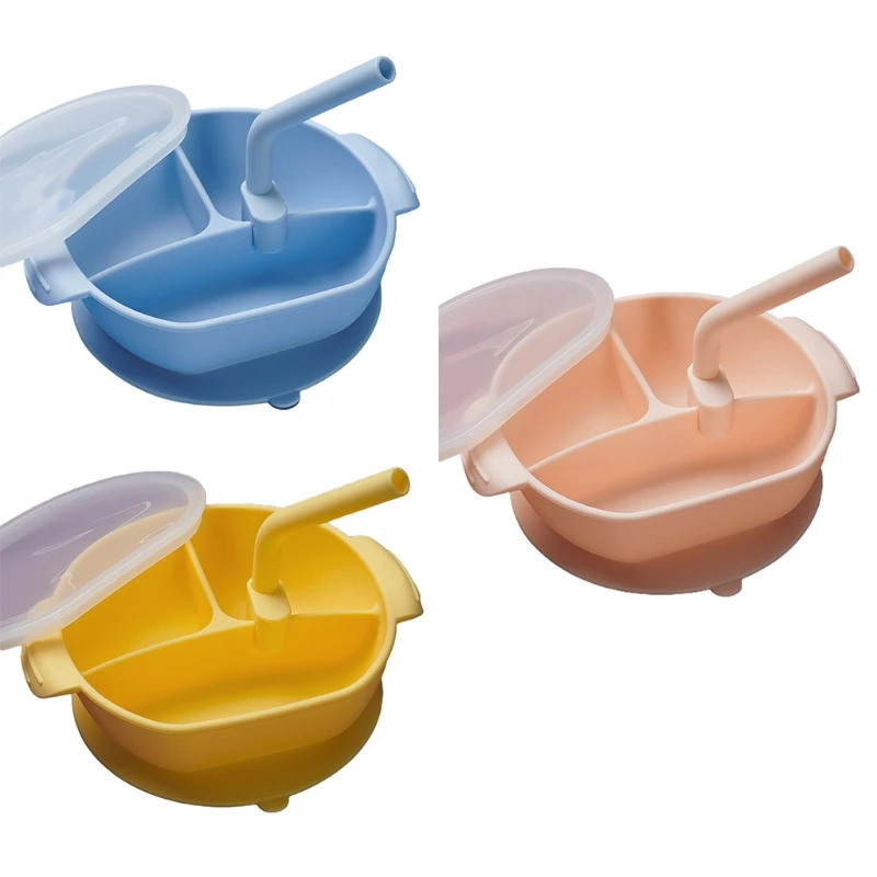 

500ml Baby Divided Suction Bowl with Straw Lid Non-Slip Silicone Plate Portable 3 Grid Infant Feeding Food Dishes Tableware DXAD