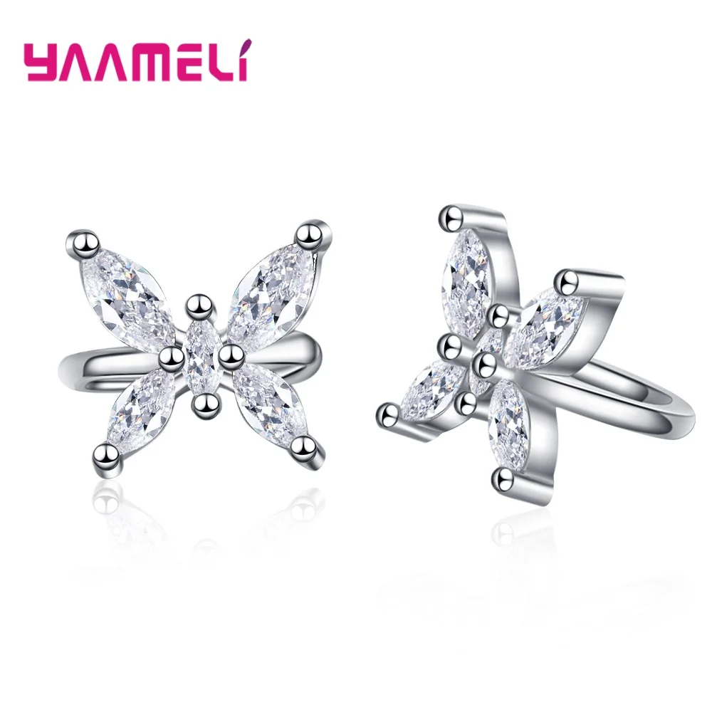 Big Promotion Sterling Silver 925 Cuff Clip On Earrings Sweet Clear CZ Diamond Crystal Bowknot Ear Brincos Jewelry for Wedding | Украшения