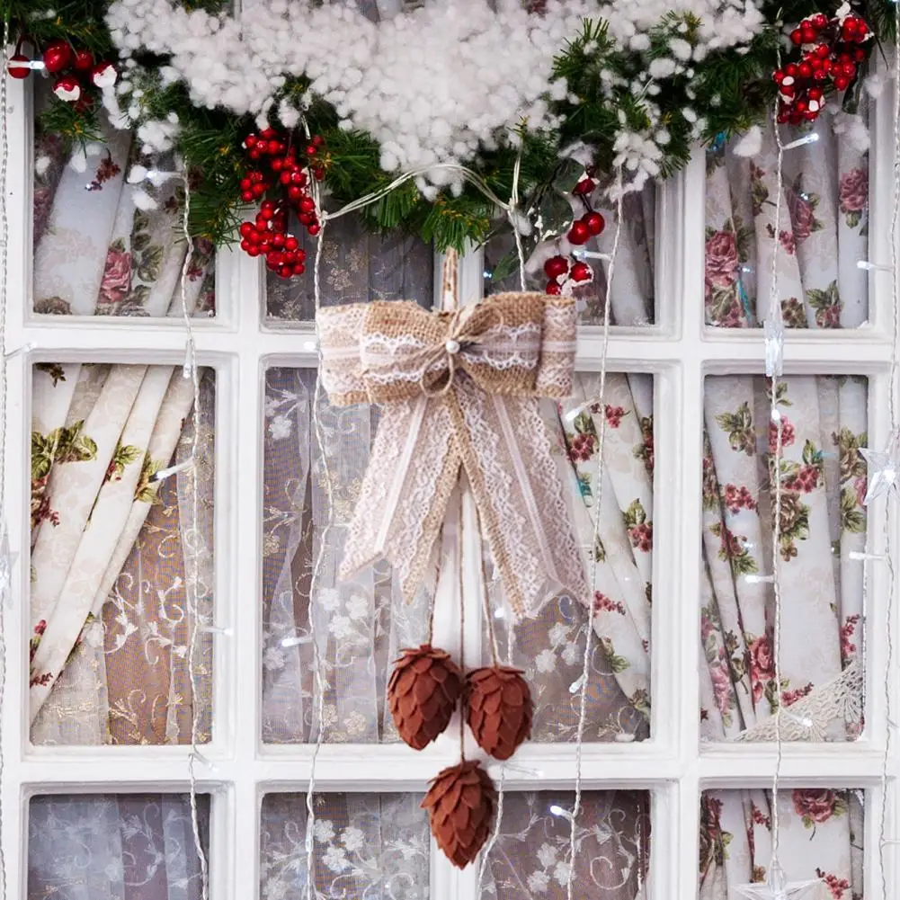 

Hanging Ornament Fine Workmanship Festival Touch Fabric Christmas Wreath Bow Natural Pine Cone Pendant for Home